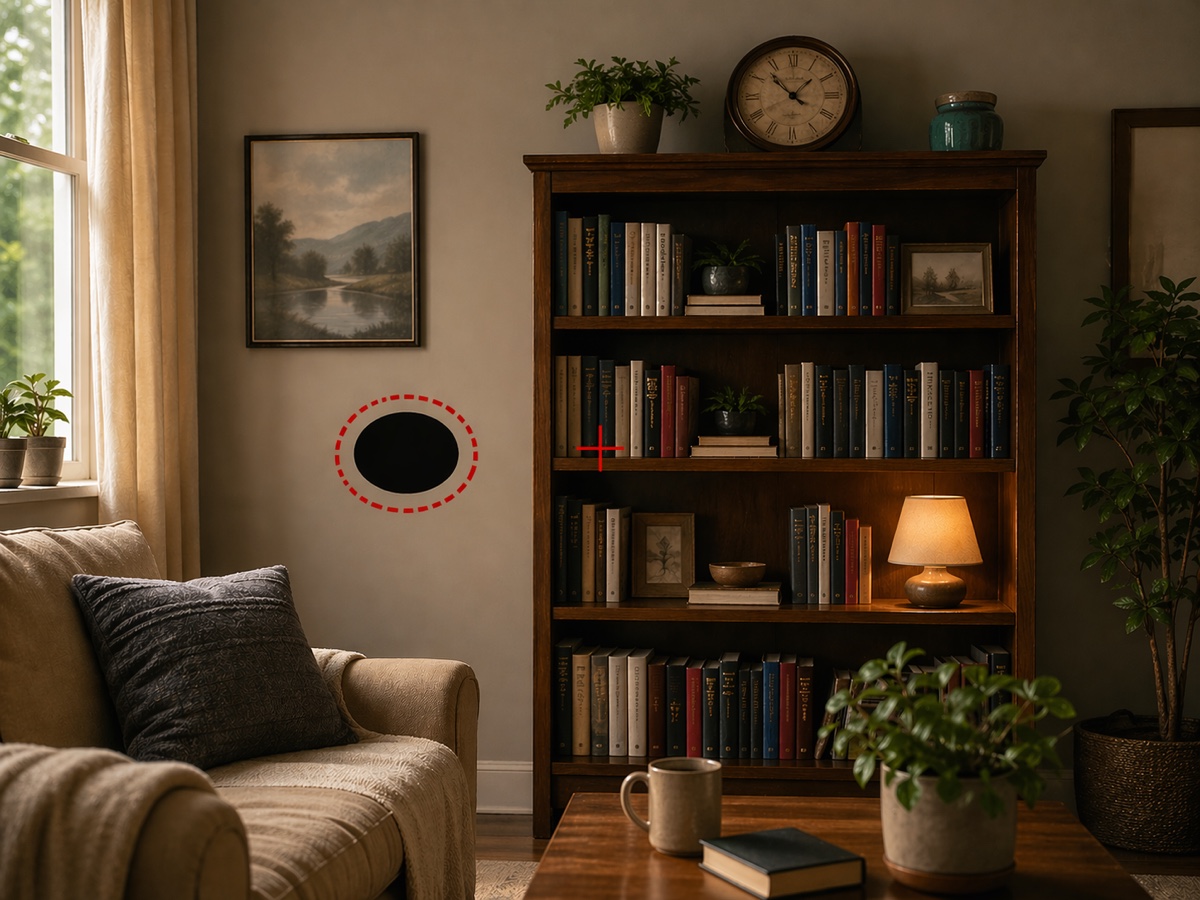 片目で見ている部屋の風景。中央の+が凝視点、その左側にあるのが盲点の位置(赤い破線で囲って明示)。