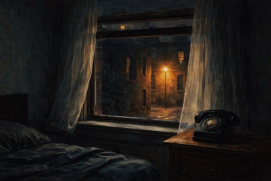 1964 年 3 月、午前 2:30 のニューヨークのアパートの寝室。窓から暗い中庭と街灯が見える、黒電話が置かれた夜景