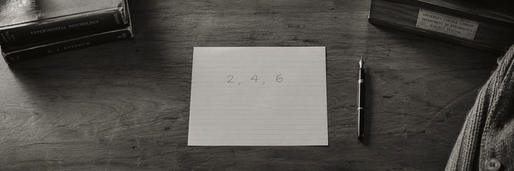 UCL心理学実験室の机の上、紙に書かれた「2, 4, 6」(再現イメージ)