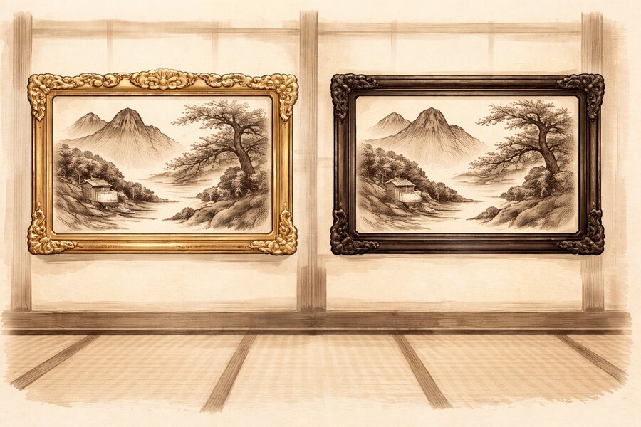 2つの異なる額縁に入った同じ風景画