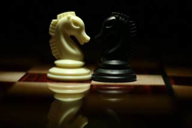 向かい合う白と黒のチェスのナイト